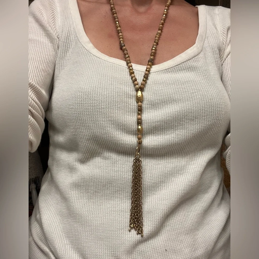 Lucky Brand Wood and brass bead Lariat necklace longer length. Beautiful! - Picture 6 of 7
